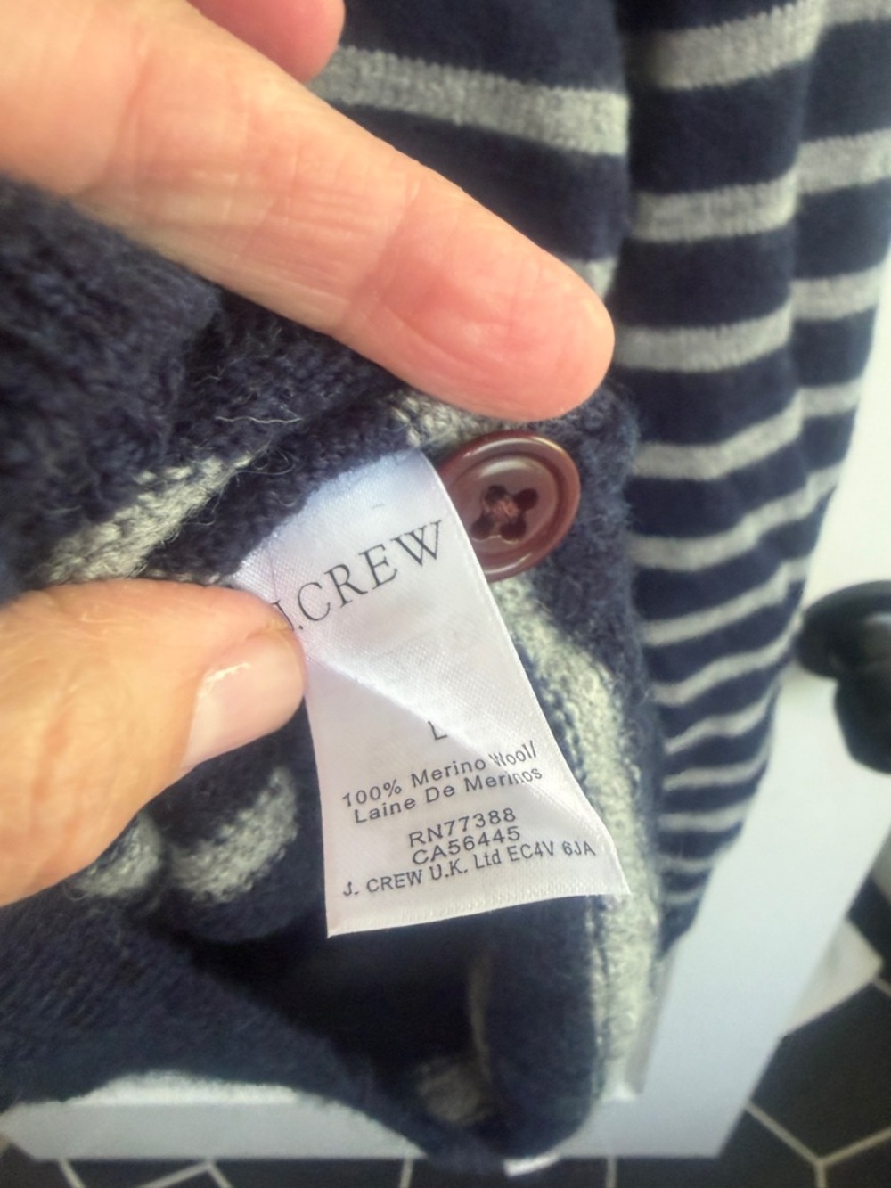 J. Crew womens Navy and White Striped merino wool Button-Shoulder Sweater. - Picture 9 of 13